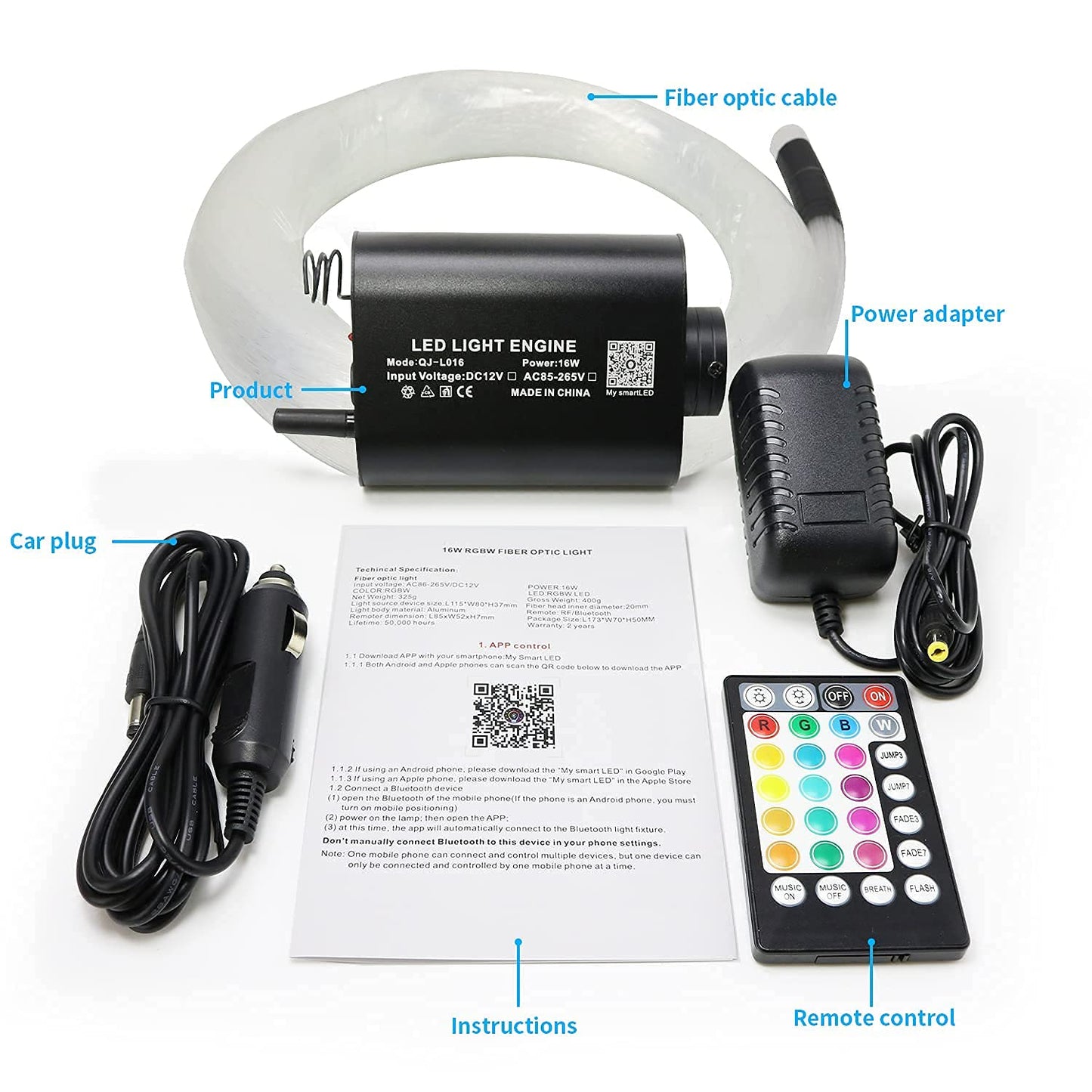 AMKI 16W Fiber Optic Starlight Headliner Kit, APP & Remote Control, Sound Activated, 300pcs 0.75mm 6.5ft Strands for Car & Home Decor