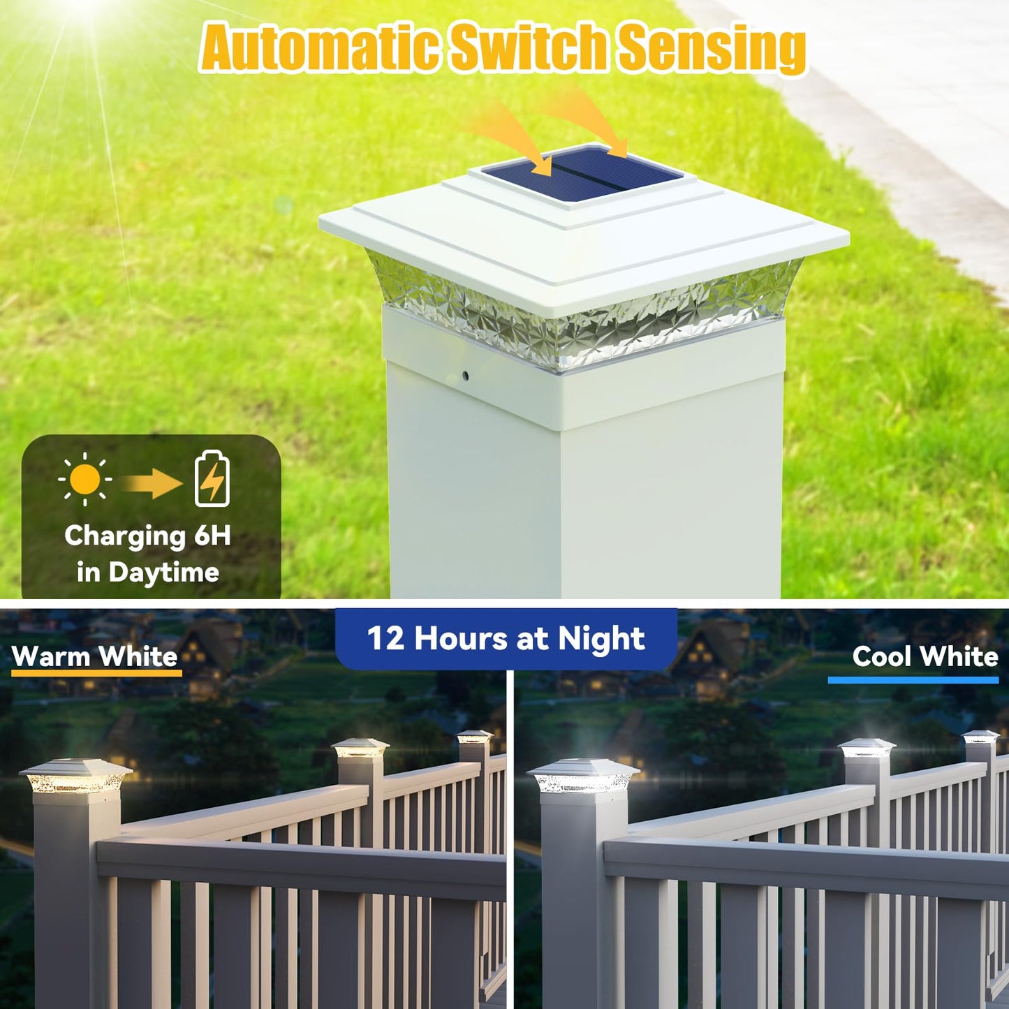 APONUO 12-Pack Solar Post Cap Lights, 16 LED, 2 Modes, Waterproof, for 4x4-6x6 Vinyl/Wood Deck, Fence, Porch (White)