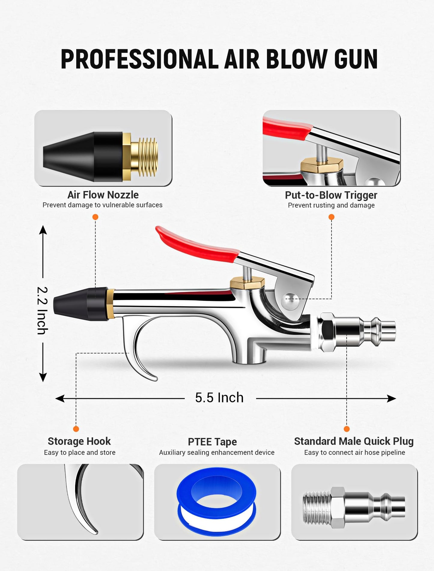 JASTIND 4-Pc Air Blow Gun Kit, 2-Way Nozzle with Rubber Tip & 1/4" Quick Plug, Air Compressor Blower for Dust Cleaning