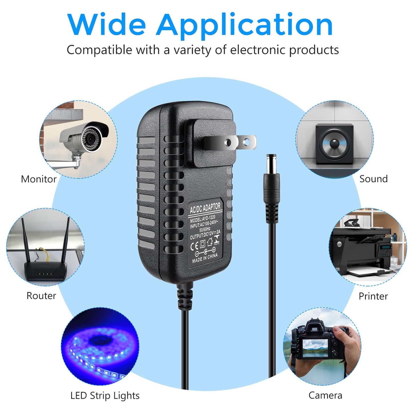 LightingWill 12V Power Supply Adapter, 24W 2A AC 110V to DC 12V Transformer, Wall Plug with 5.5×2.1mm DC Connector for 12V Devices