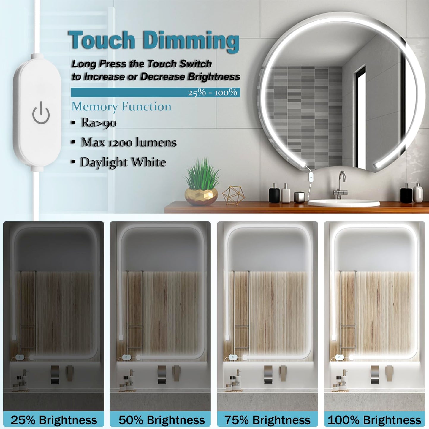 Blikshin LED Vanity Mirror Lights – Hollywood Style, 10FT Dimmable 6000K, Self-Adhesive Strip with 12V Adapter for Makeup & Bathroom