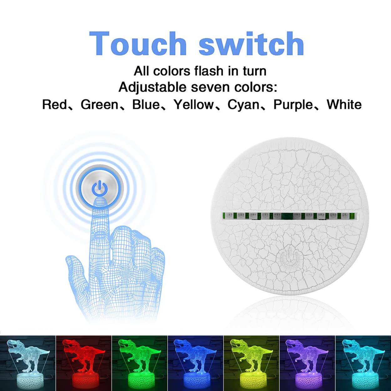 i-CHONY Dinosaur 3D Night Light T-Rex for Kids, 16-Color Dimmable LED Lamp with Remote, Touch Control & USB, Gift for Boys Girls