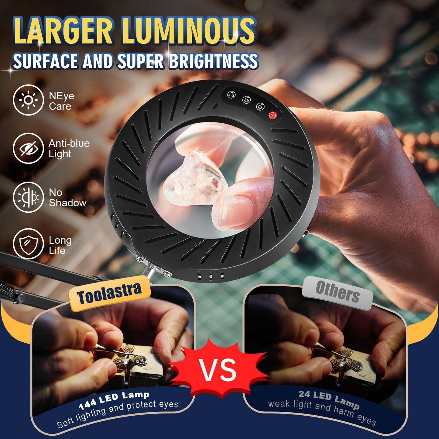 12X Magnifying Glass with Light & Stand, 144 LED Desktop Magnifying Lamp, 10 Dimmable Levels, 5 Color Modes, Hands-Free Metal Desk Lamp for Crafts, Reading & Close Work