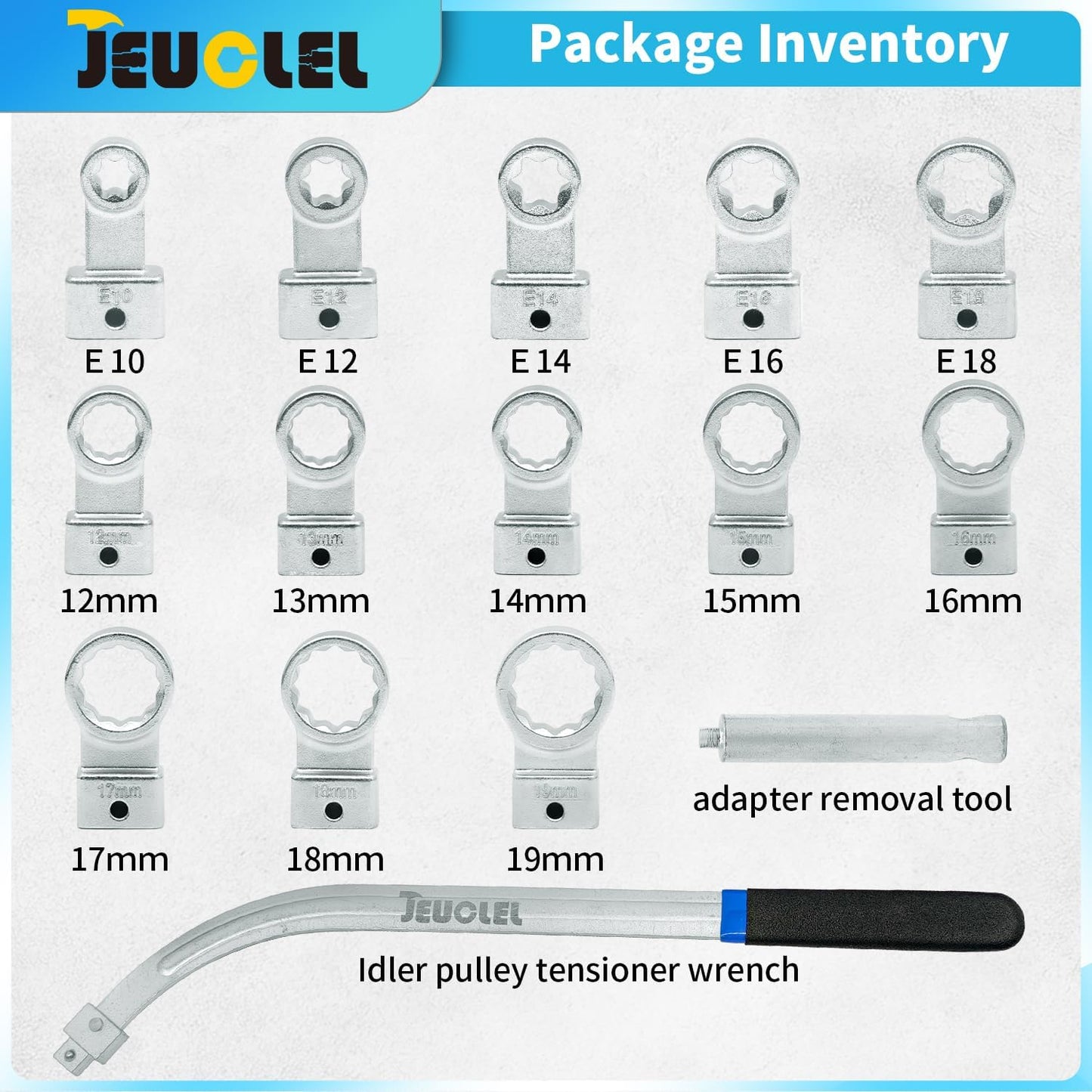 15PCS Universal Serpentine Belt Tensioner Pulley Removal Tool Kit, 12-Point 12-19mm Wrench Set for Engine Timing & Belt Nuts