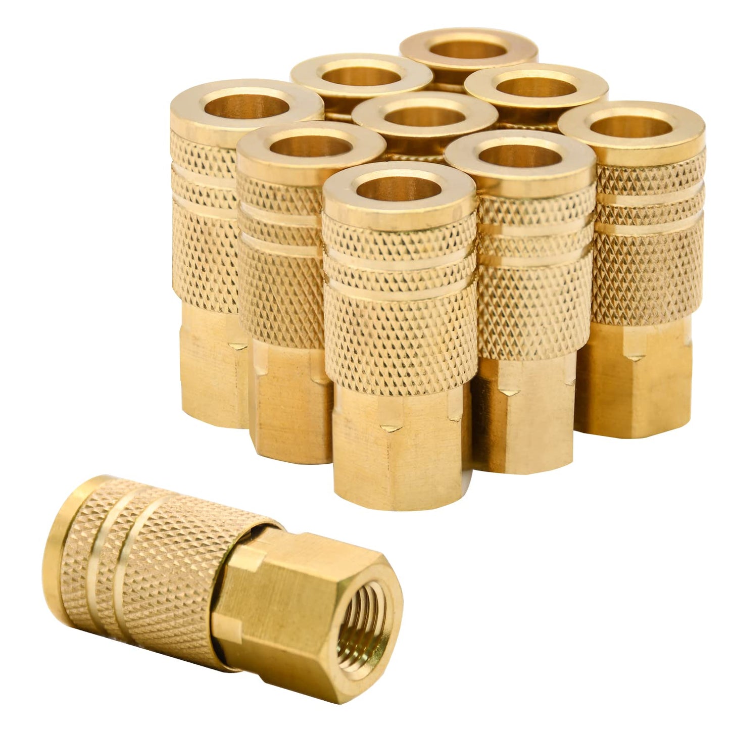 10-Pack 1/4" Brass Female Air Hose Couplers, NPT Quick Connect Fittings for Industrial, Automotive, and Professional Use