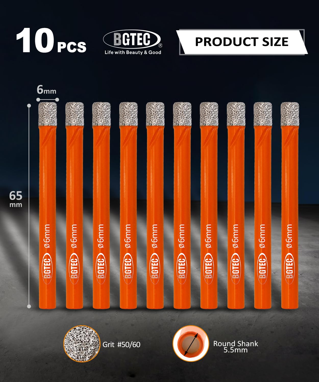 BGTEC 10-Piece 1/4" Diamond Drill Bit Set – Vacuum Brazed Core Bits for Granite, Marble, Tile, Glass, Concrete & Hard Plastic