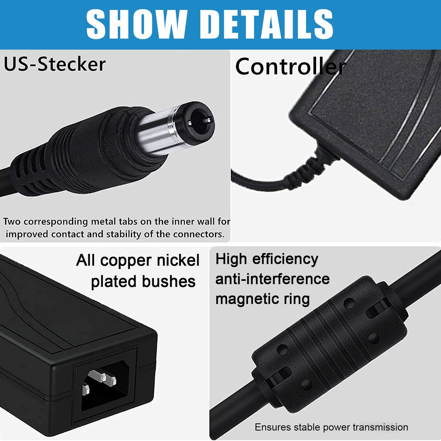 24V 6A DC Power Supply Adapter, 100-240V AC to DC, 5.5x2.1mm Jack, US Plug, for LED Strips, Printers, and Electronics