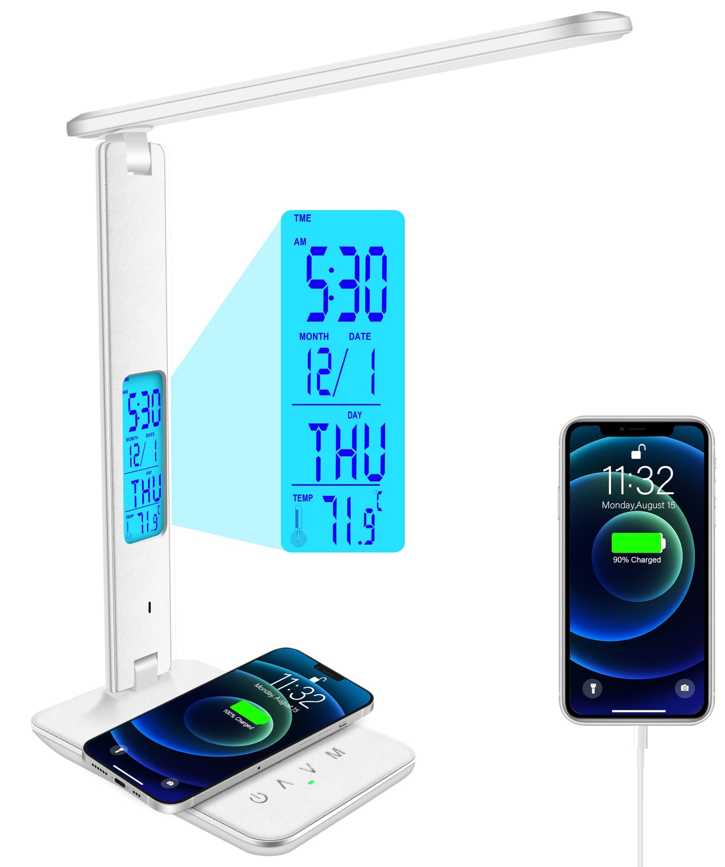 snsok Desk Lamp with Wireless Charger & USB Port, Dimmable LED Light with Clock, Alarm, Date, Temperature – Foldable for Bedside & Office