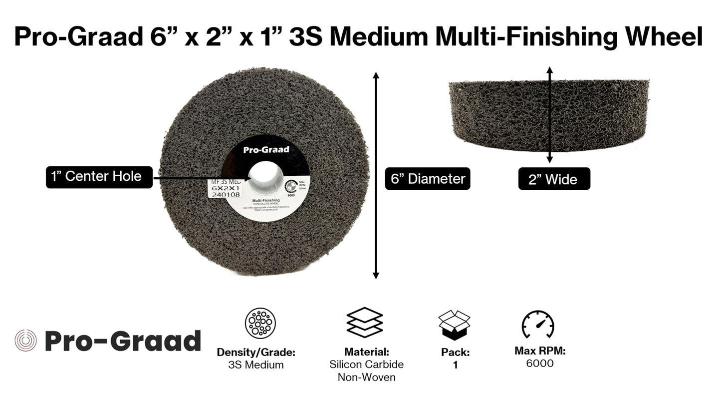 Pro-Graad Multi-Finishing Wheel – 6” x 2” x 1” 3S Medium Grit Silicon Carbide - Stainless Steel Finishing Convolute Wheel – for #4 Finish - 1 Pack