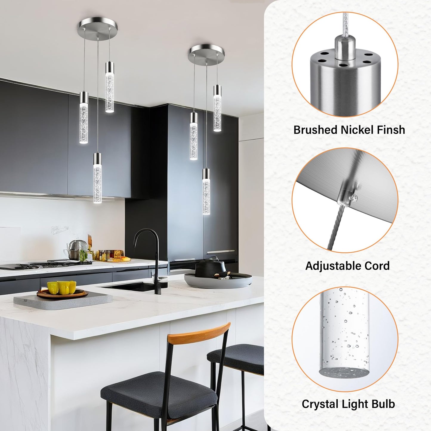 Esfos 3-Light Pendant Ceiling Light for Kitchen Island, Brushed Nickel with Crystal Bubble, Integrated LED 6500K Modern Hanging Light