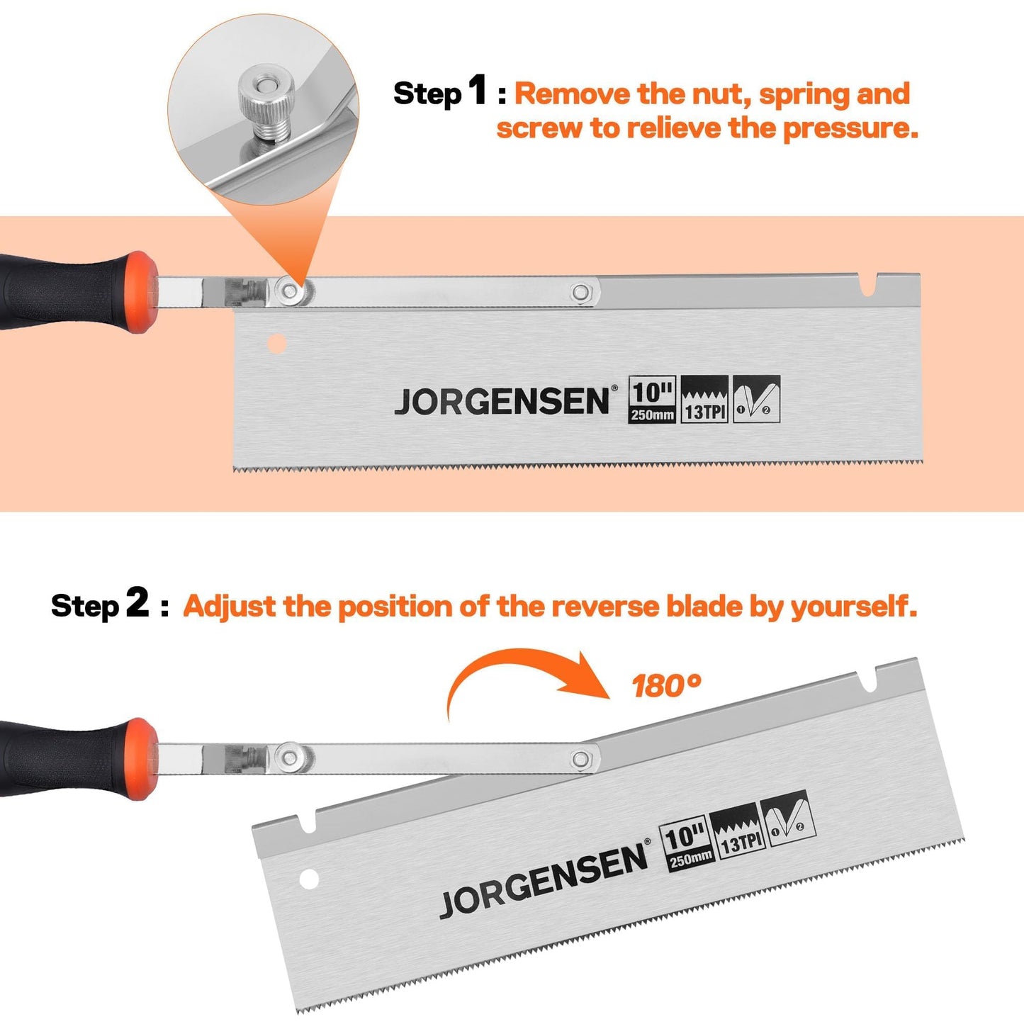 JORGENSEN 10" Dovetail Reversible Jamb Saw, 13TPI Double Ground Teeth, Flush Cut, Spring-Loaded, Cranked Soft Handle for Doors & Tiles