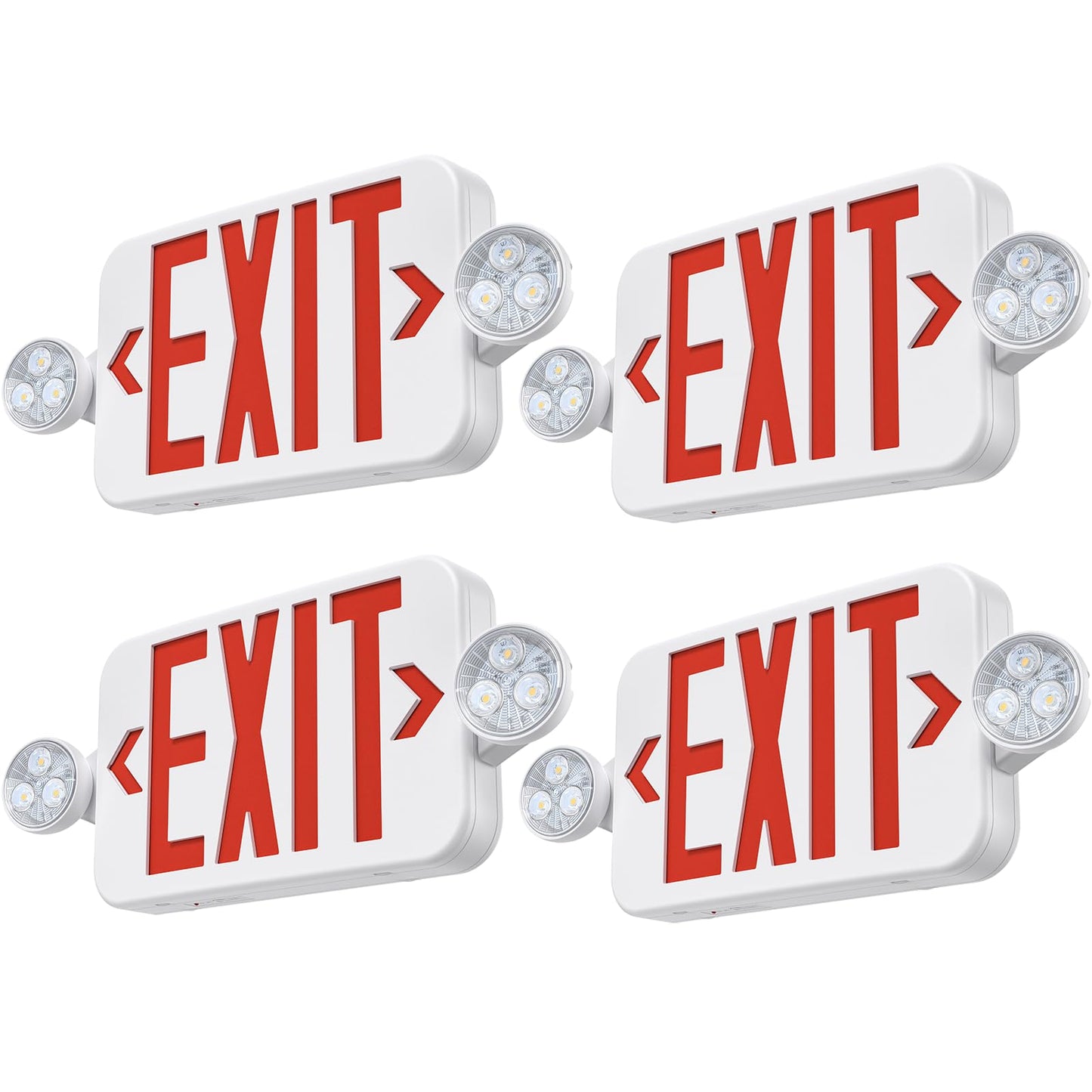 Emergency Exit Sign Light Combo 4-Pack, Double-Sided, 6 LEDs, Battery Backup, Adjustable Heads, Red, UL Listed, Wall/Ceiling Mount
