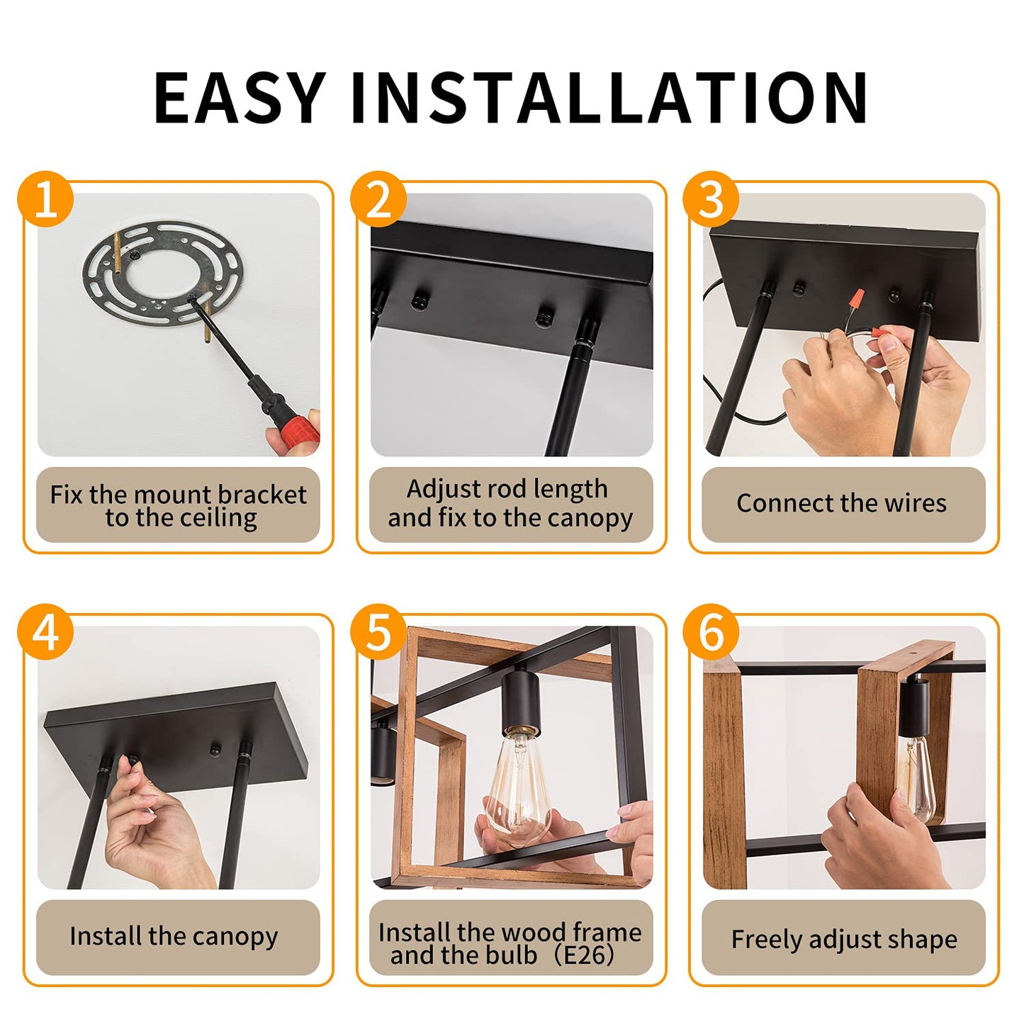 **Farmhouse 4-Light Rectangular Pendant Chandelier, Wood & Black Metal Kitchen Island Dining Room Light, 35.4"**