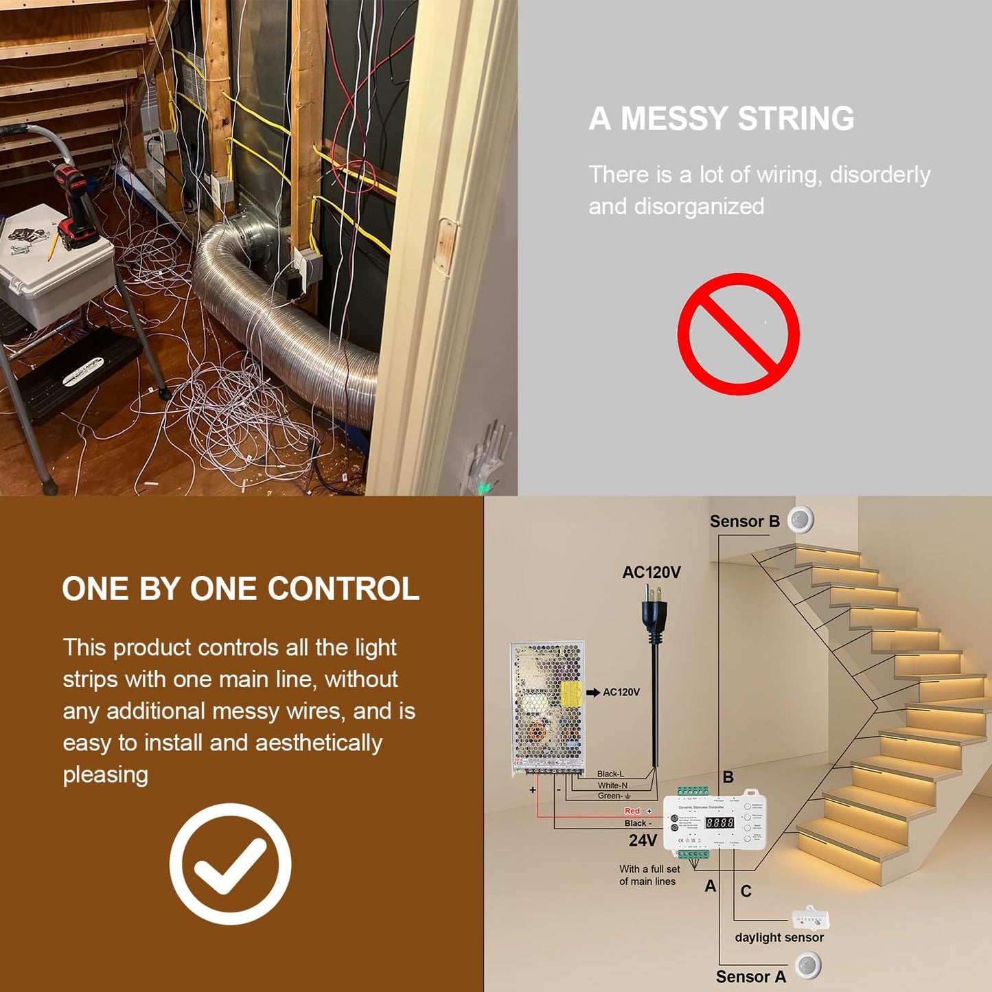 **BlueDate Motion Sensor LED Stair Lighting Kit, 60" Cuttable Strip Lights for Indoor Stairs, Cool White 6000K, 10–15 Steps**