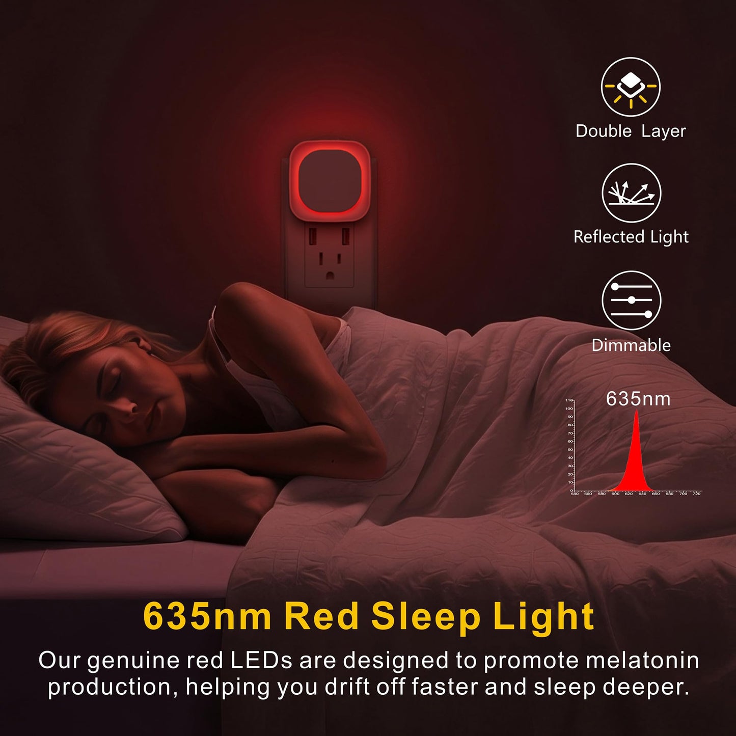 YUNLEX 2-Pack Plug-in Night Light, Auto Dusk-to-Dawn, Soft Dimmable LED, Red Glow for Bedroom, Nursery, Kids, Bathroom, Hallway