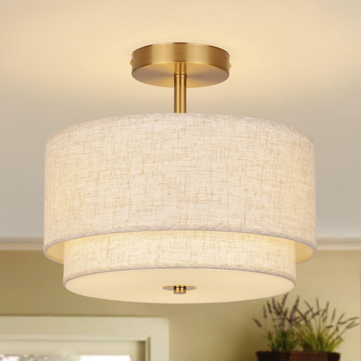 Semi Flush Mount Ceiling Light, 12.6" Gold Modern Drum Fixture with 2-Layer Linen Shade, Farmhouse Ceiling Light for Bedroom Living Room Hallway