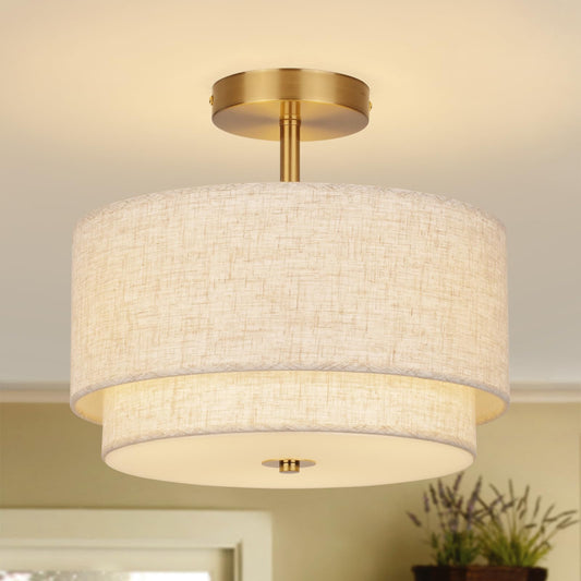 Semi Flush Mount Ceiling Light, 12.6" Gold Modern Drum Fixture with 2-Layer Linen Shade, Farmhouse Ceiling Light for Bedroom Living Room Hallway