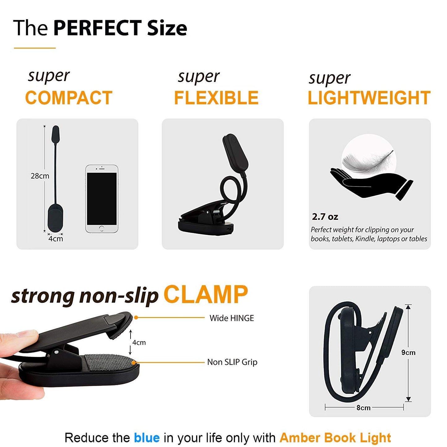 Amber Light Book Light - Rechargeable, Blue Light Blocking, 1600K Warm Night Reading Lamp, Giftable for Kindle & Bedtime Reading