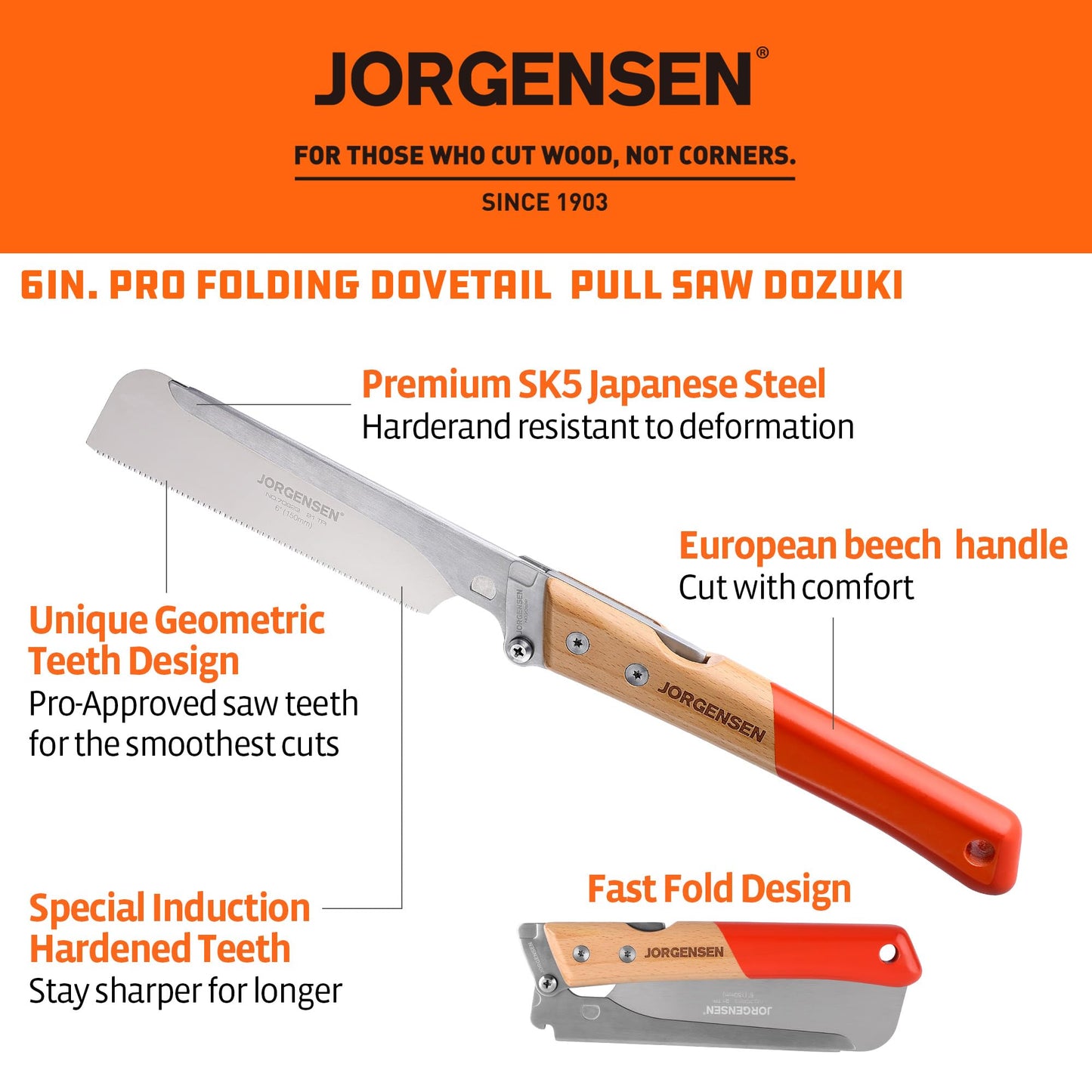 JORGENSEN 6" Japanese Pull Saw, Pro Folding Dovetail Handsaw with Beech Handle, SK5 Steel, Tool-Free Blade Change, 21TPI Woodworking