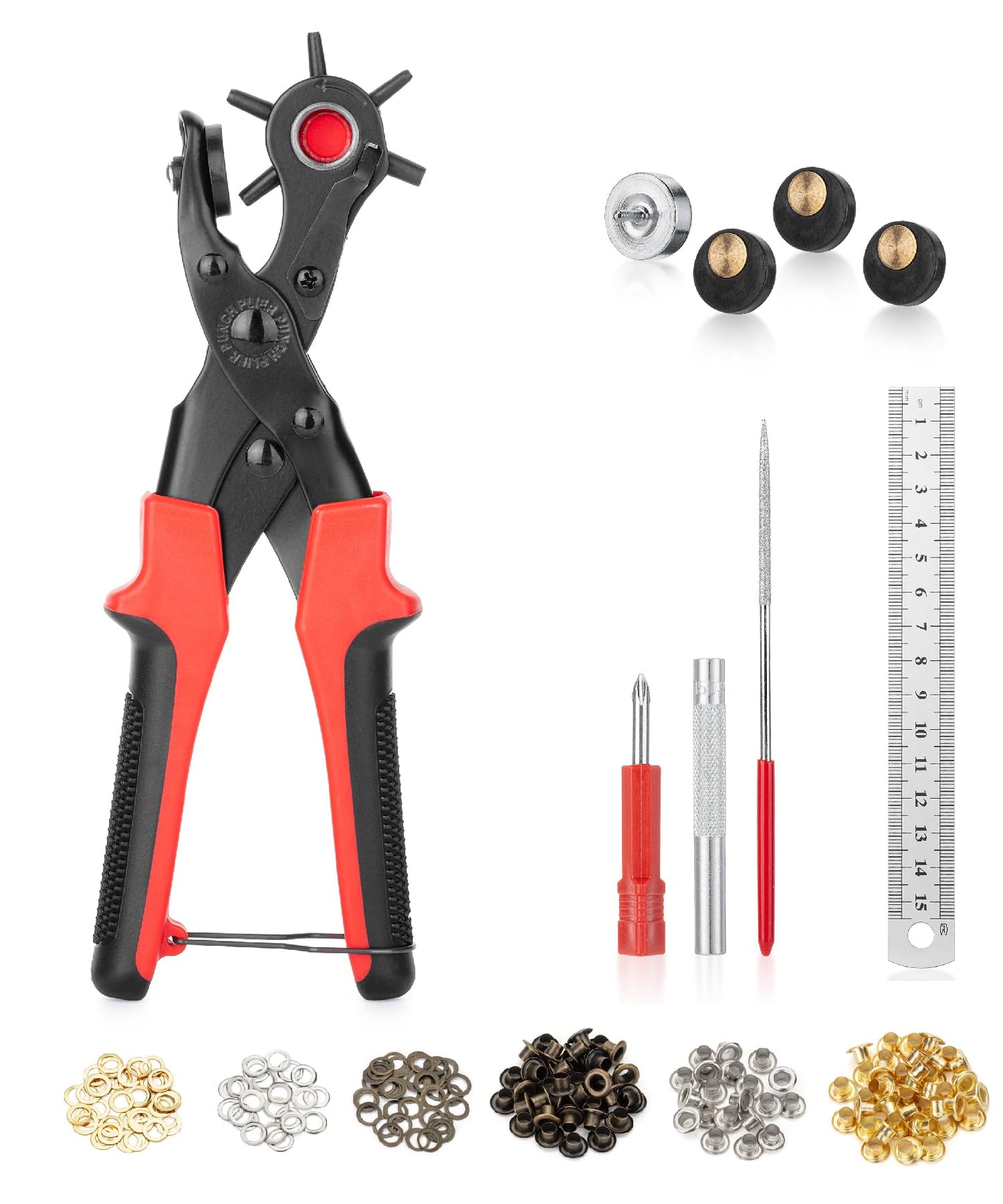 UNCO Leather Hole Punch Set with Red Handle, Multi Sizes, Belt & Leather Puncher for Belts, Straps, Shoes, Canvas, DIY + 100 Grommets