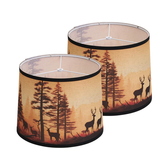 Rustic Deer Print Large Drum Lamp Shades, Set of 2, 11.4"x13"x10", Barrel Brown, Easy Assembly, Table Lamp Replacement, Cabin Lodge Decor