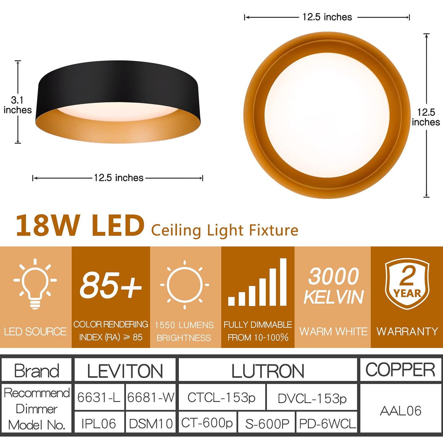 Bargeni 12.5" LED Flush Mount Ceiling Light, Matte Black & Gold, 18W Dimmable 3000K Warm White, Indoor Outdoor Bedroom Hallway