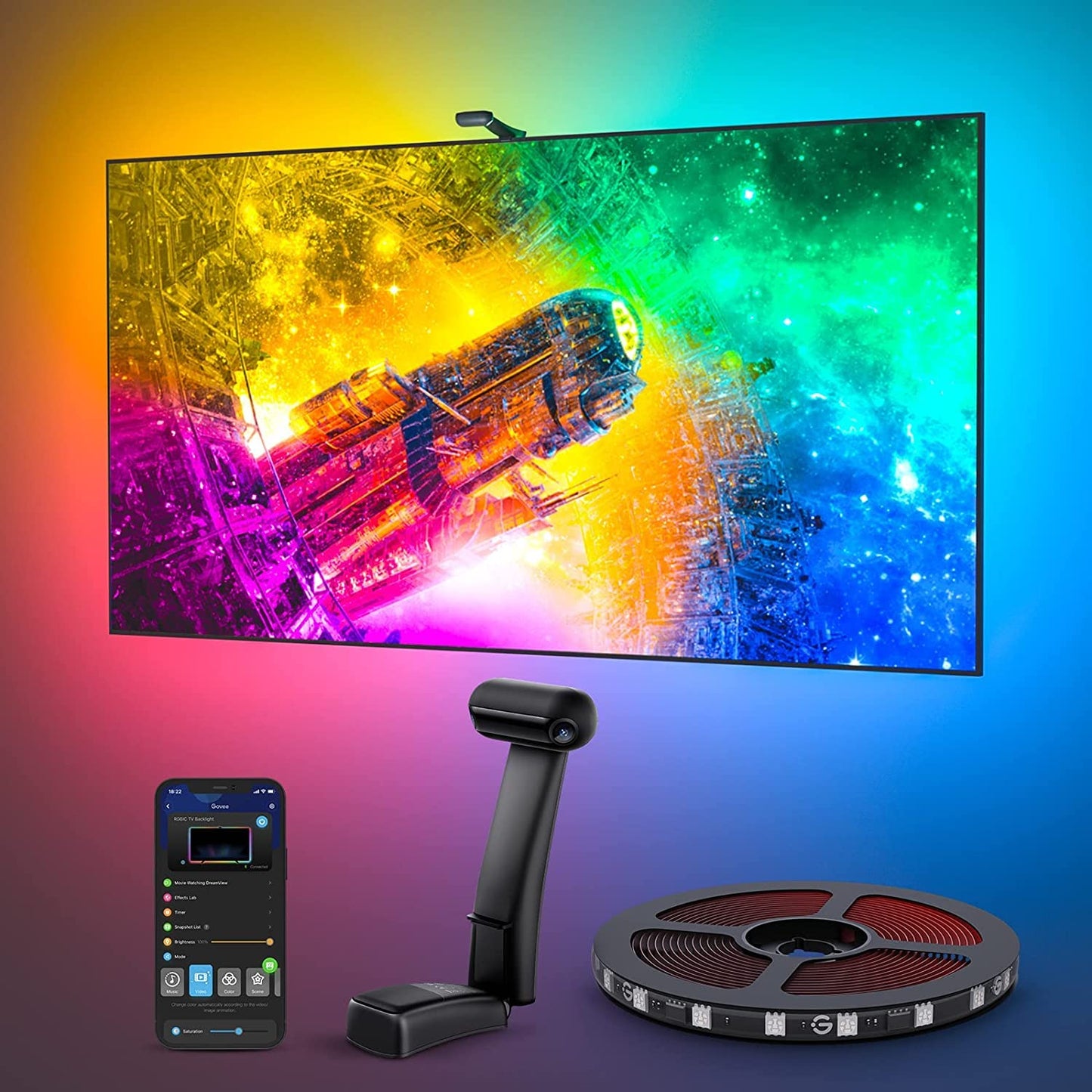 Govee Envisual T2 TV LED Backlight, Dual Camera RGBIC Wi-Fi Strip Lights 11.8ft for 55–65” TVs, App Control, Music Sync