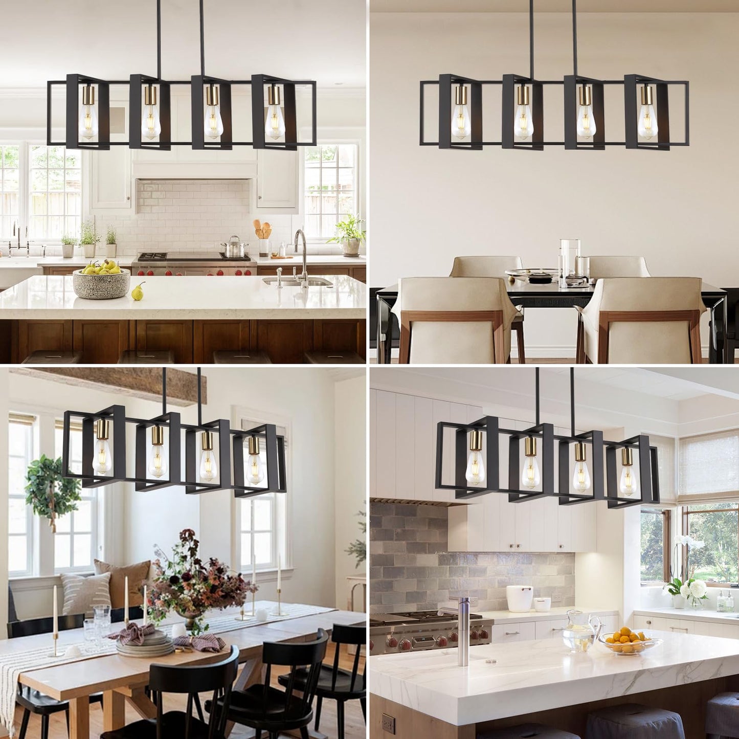 35.4" Kitchen Island Lighting Fixture, Dining Room 4 Lights Chandeliers, Black Wood+Metal Pendant Light for Foyer Hallway Living Room