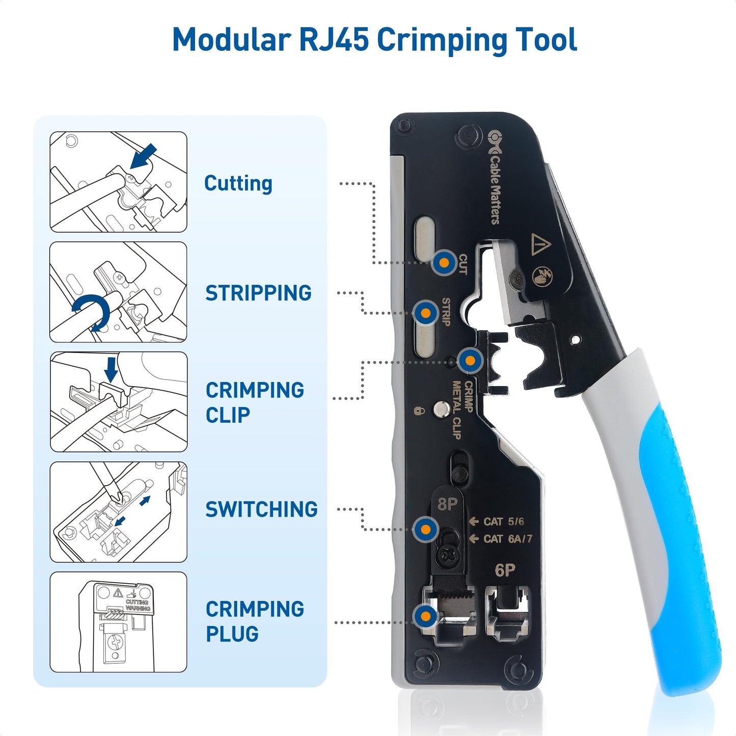 Cable Matters All-In-One Modular Ethernet Crimping Tool Cat 8 (Cat5 Cat6 Cat7 Cat8 Crimping Tool) for Shielded Pass-Through Connectors