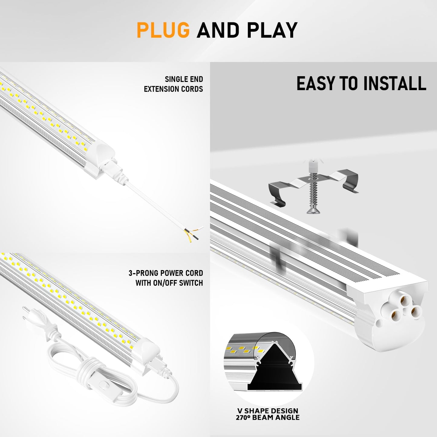 ONLYLUX 8ft LED Shop Light, 100W 15000LM 6000K, 8-Foot Linkable T8 LED Tube Lights, Plug-In Fixture, 12 Pack
