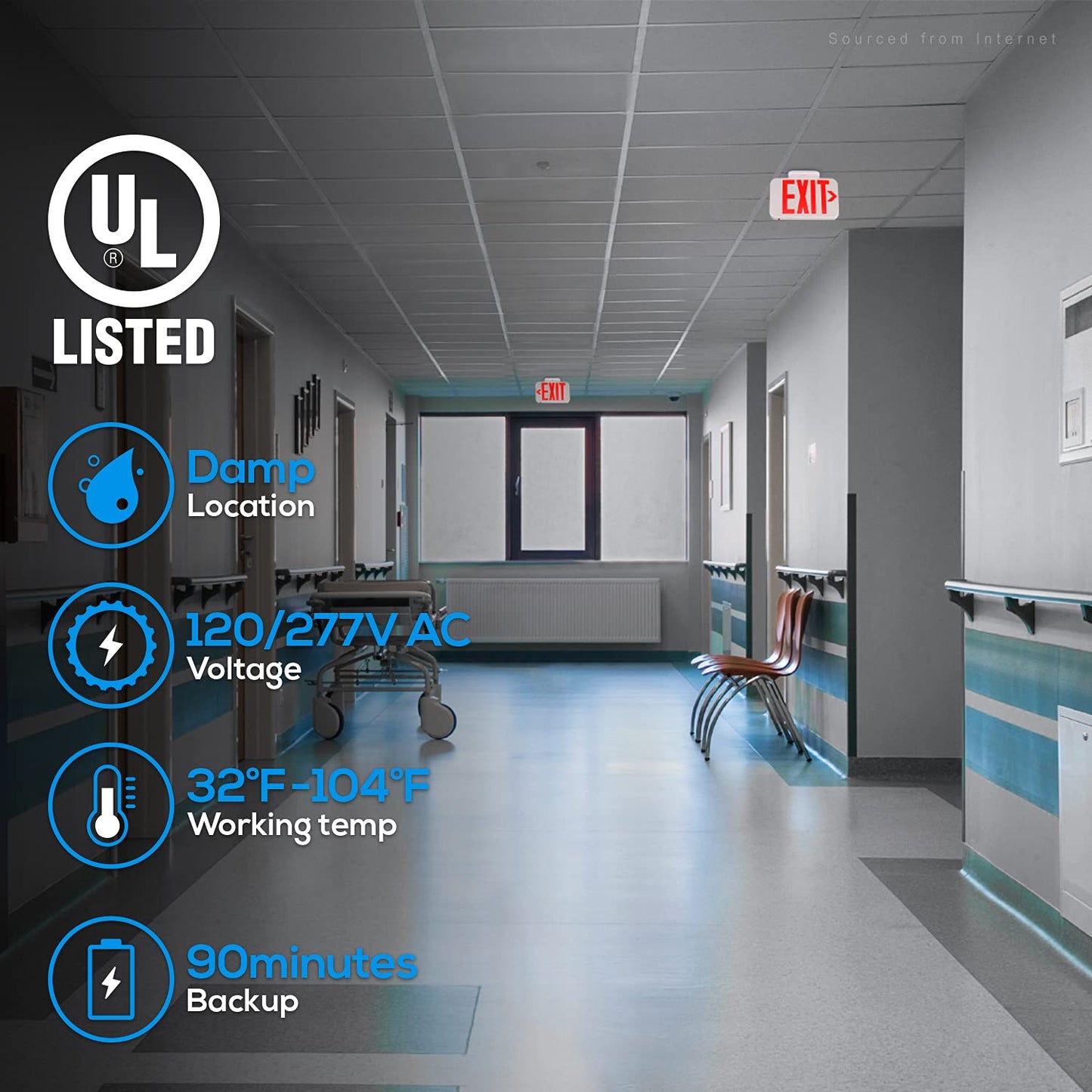 TORCHSTAR LED Exit Sign with Battery Backup, Double Face, UL 924, Hardwired Red Letter, Damp Location, AC 120/277V, Pack of 2