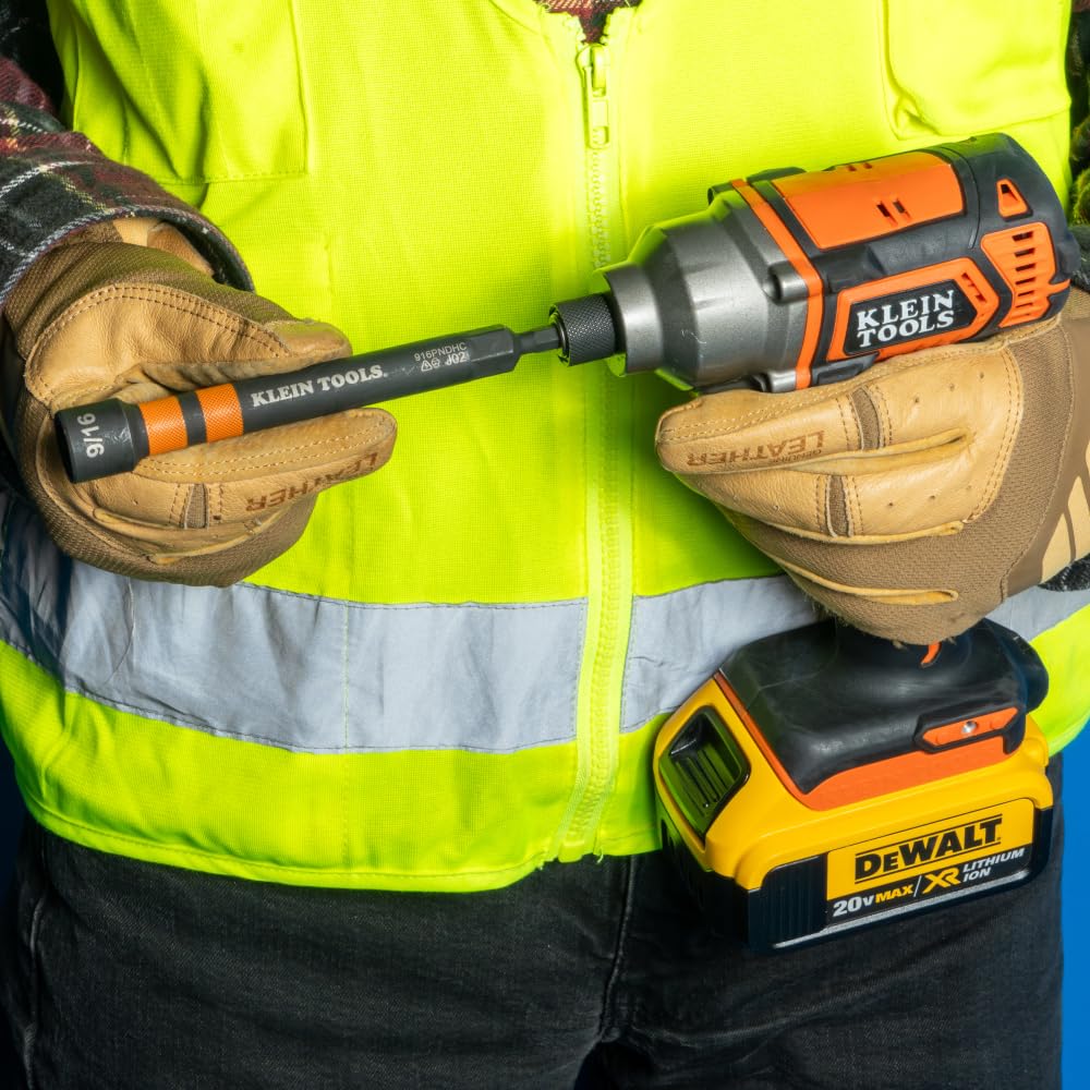 Klein Tools 32950 Ratcheting Impact Rated Hollow Power Nut Driver Set with Handle, Magnetic, Color Coded, 6 SAE Hex Sizes and Handle Included