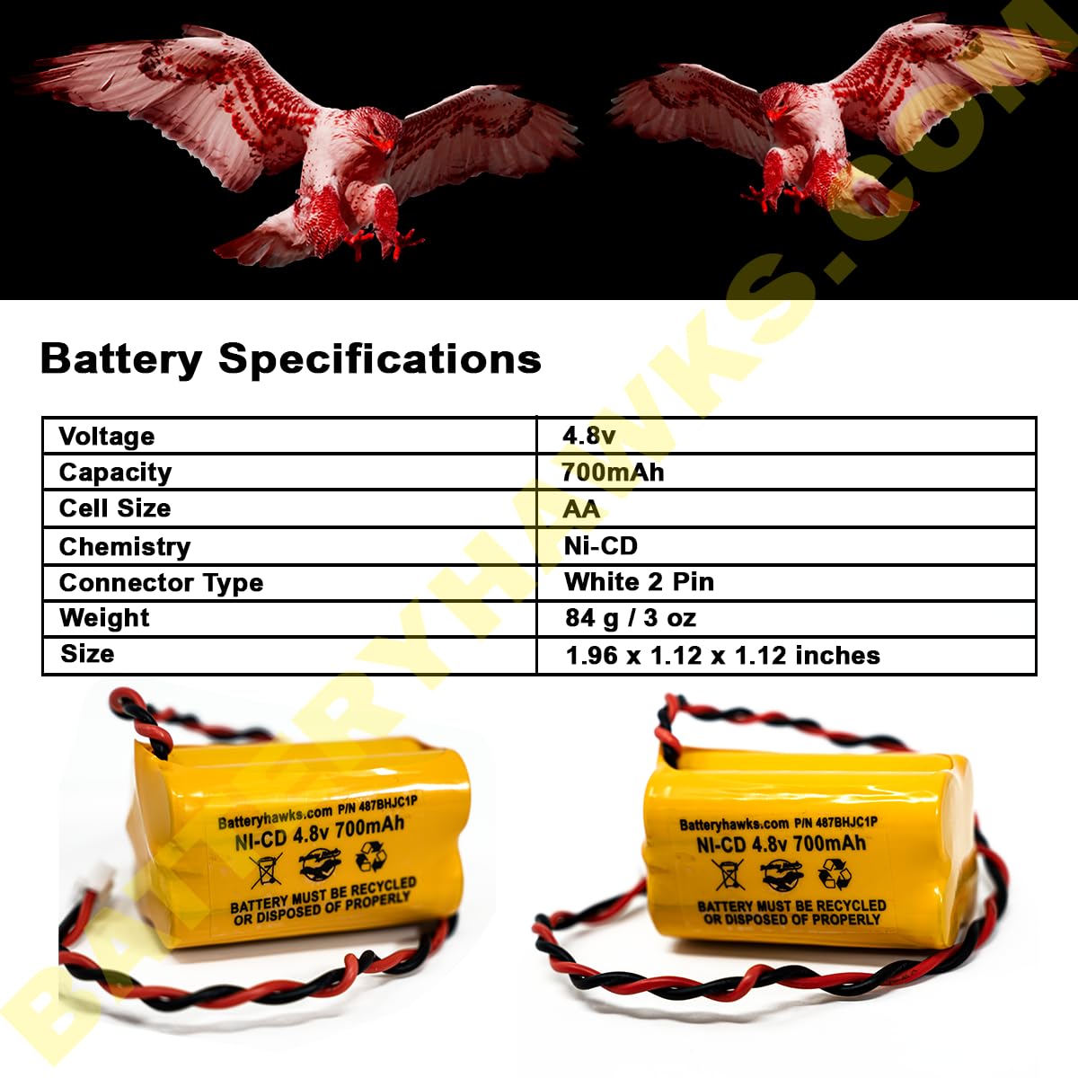 Emergi-Lite BL93NC484/485/487 4.8V NiCd Replacement Battery, 500-1100mAh, for Exit Sign & Emergency Lights
