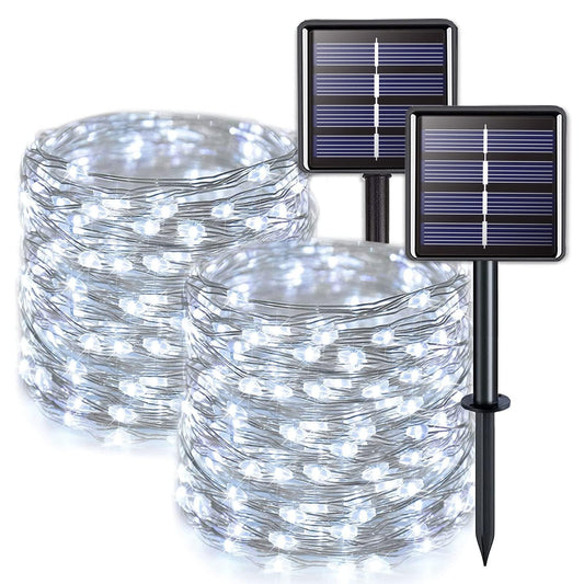 JMEXSUSS 2-Pack 33FT 100 LED Solar String Lights, Outdoor Waterproof White Fairy Lights, 8 Modes for Yard, Patio, Garden, Wedding & Christmas