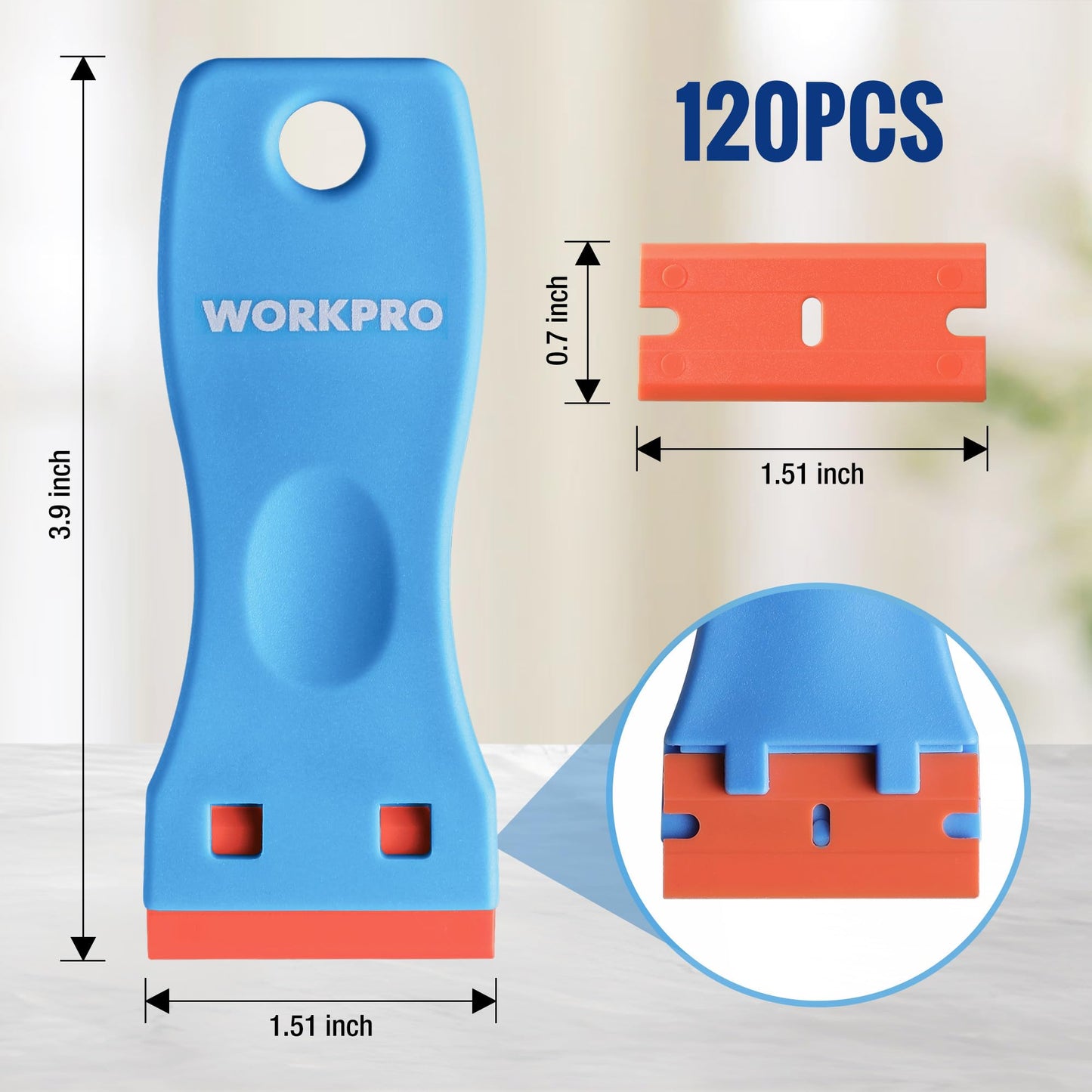 WORKPRO 3-Piece Plastic Razor Scraper with 120 Blades – Gasket, Label & Adhesive Remover for Glass, Windows, and Surfaces