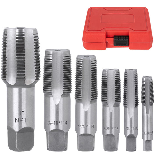 6-Piece NPT Pipe Tap Set (1"–1/8"), Precision Bearing Steel Threading Taps for Cleaning & Re-Threading Damaged Pipe Threads, Storage Case