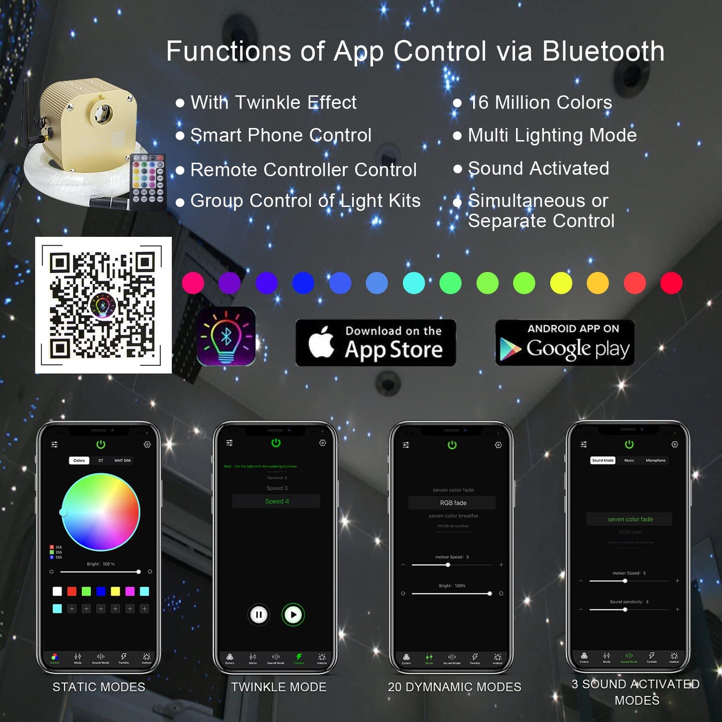 AKEPO 16W RGBW Fiber Optic Star Lights Kit, 550pcs 13.1ft, Music Sync, App & Remote, Car/Home Headliner