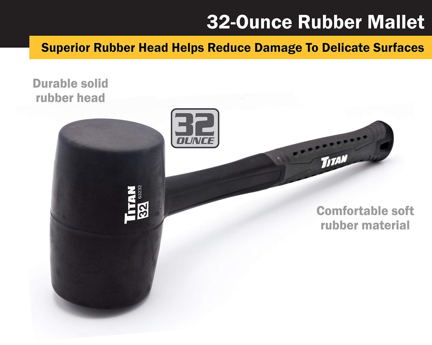 Titan 63232 32oz Rubber Mallet, Non-marking Double-faced Solid Head, 15" Shock Absorbing Fiberglass Handle with Textured Grip