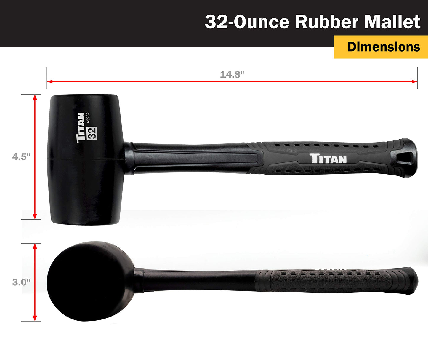 Titan 63232 32oz Rubber Mallet, Non-marking Double-faced Solid Head, 15" Shock Absorbing Fiberglass Handle with Textured Grip