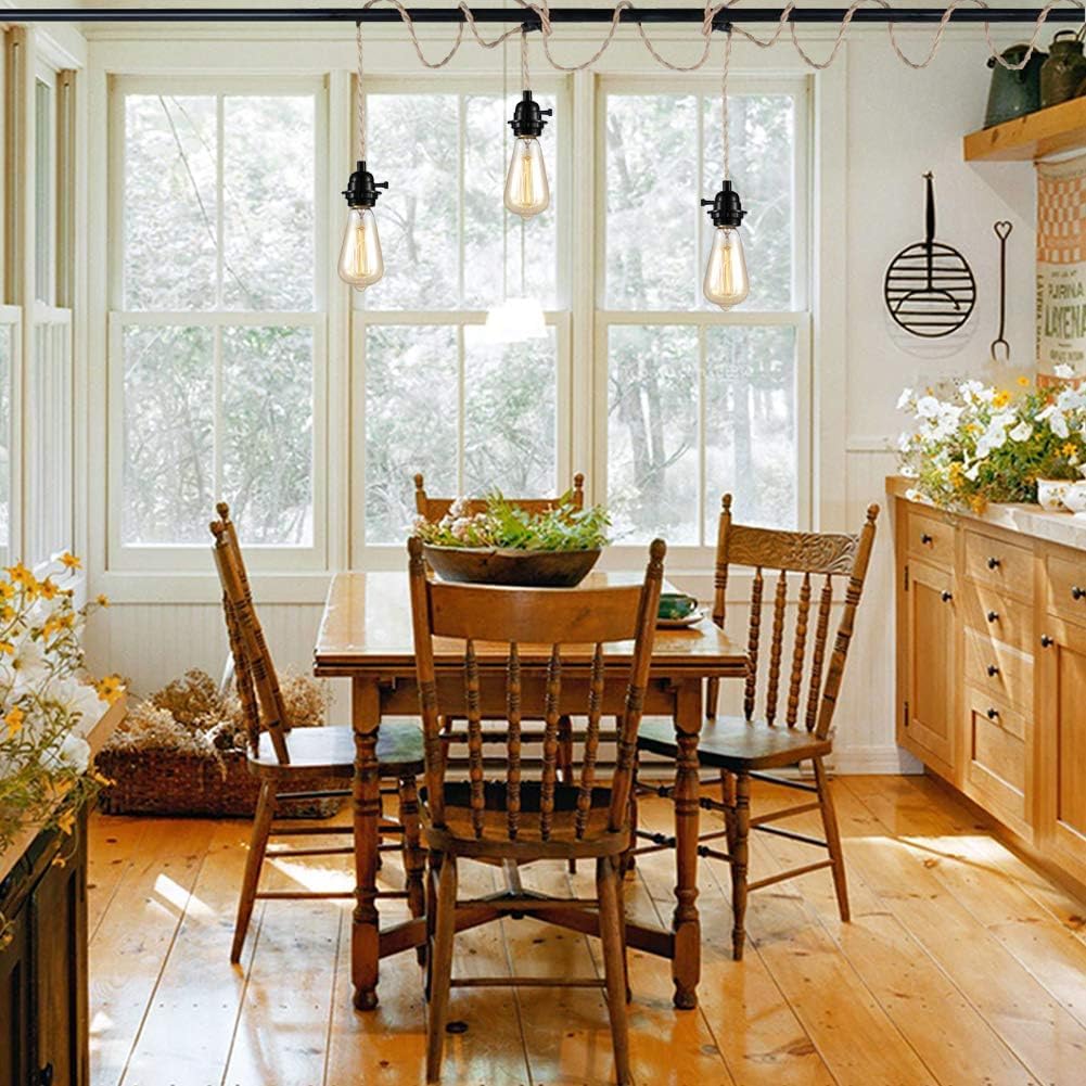 CAFULAM 3 Light Hemp Rope Plug in Pendant Light Rattan Hanging Lights with Plug in Cord with Woven Lamp Shade, Plug in Cord Hemp Rope Hanging Lamp