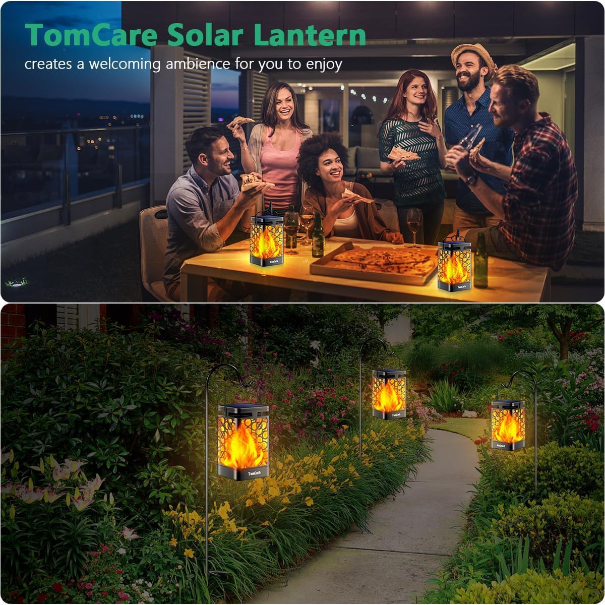 TomCare Solar Lanterns 2-Pack Outdoor Flickering Flame LED, Waterproof Hanging Solar Lights for Patio, Yard, Deck, Christmas Decor