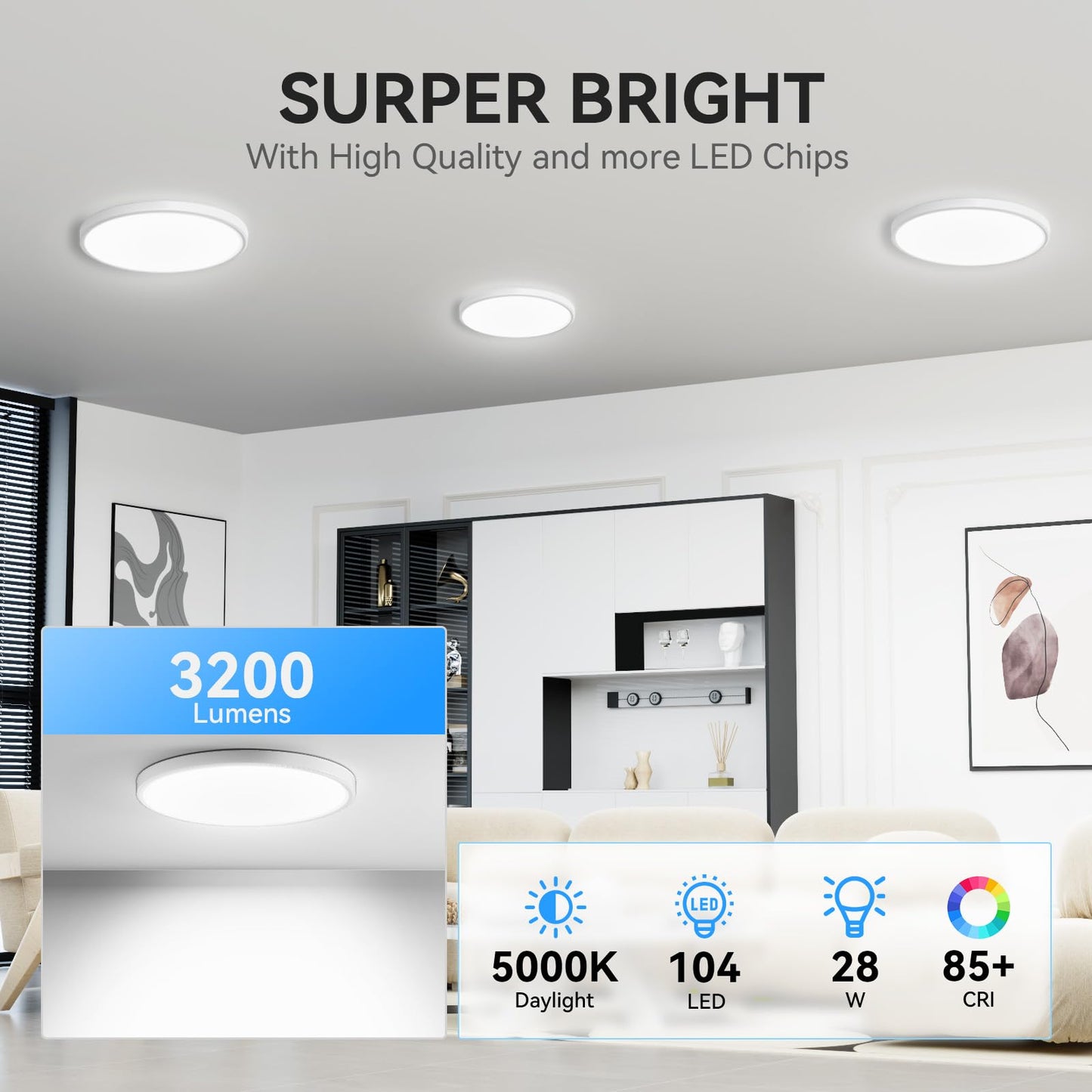 WKONCLDY 6-Pack 12" 3200lm LED Flush Mount Ceiling Light, Super Slim 5000K Daylight for Bedroom, Living Room, Dining, Garage & Office