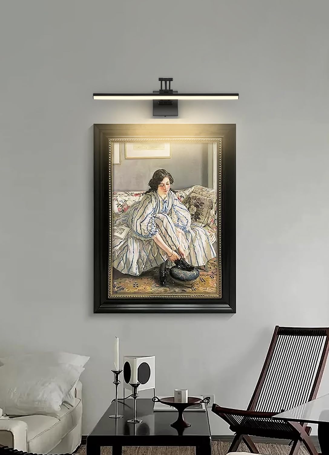 Joossnwell 23.6" Dimmable Black Picture Light for Paintings, Hard-Wired with Adjustable Swing Arm, Warm White Gallery & Museum Lamp