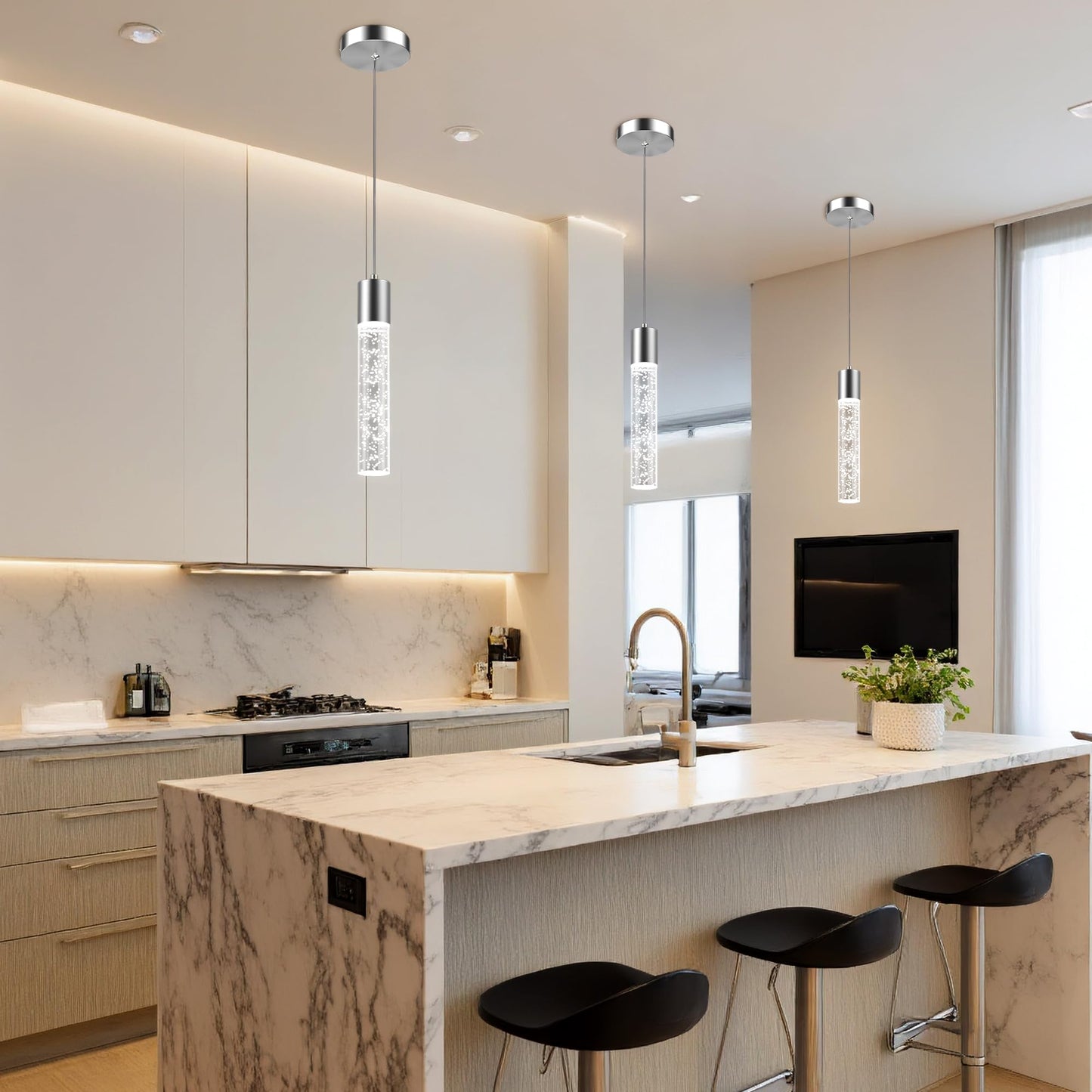 Esfos 3-Pack Modern Pendant Lights for Kitchen Island, Brushed Nickel with Crystal Bubble, 6500K LED Ceiling Light for Dining Room