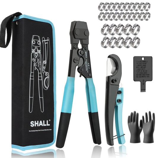 SHALL PEX Crimping & Cinch Tool Kit with Pipe Cutter, 3/8"-1" Stainless Steel Clamps, 30pcs Clamps & Storage Bag, ASTM F2098 Compliant