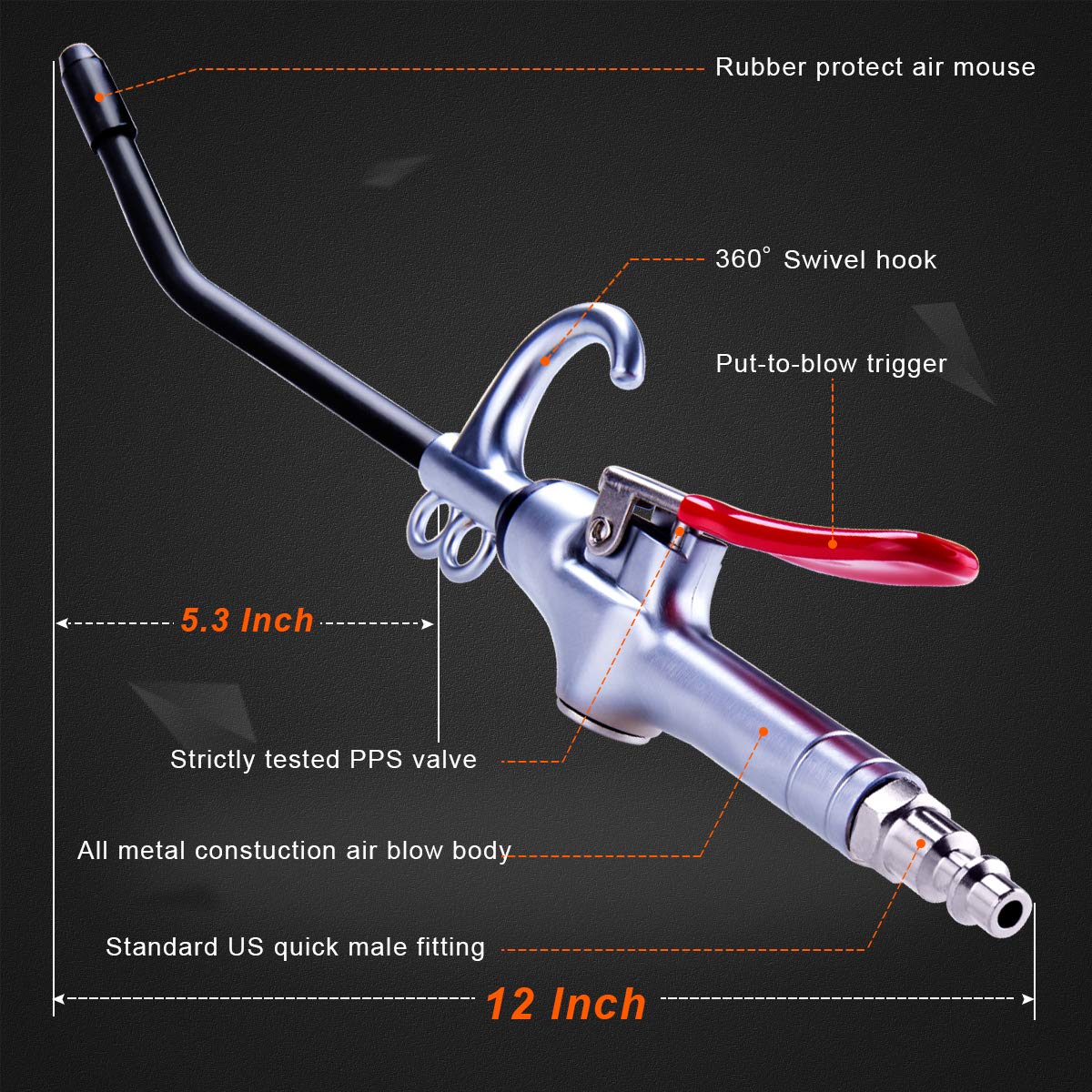 High-Volume Air Blow Gun with Aluminum Body & Rubber Guard, Industrial & Home Air Compressor Nozzle for Dust Cleaning