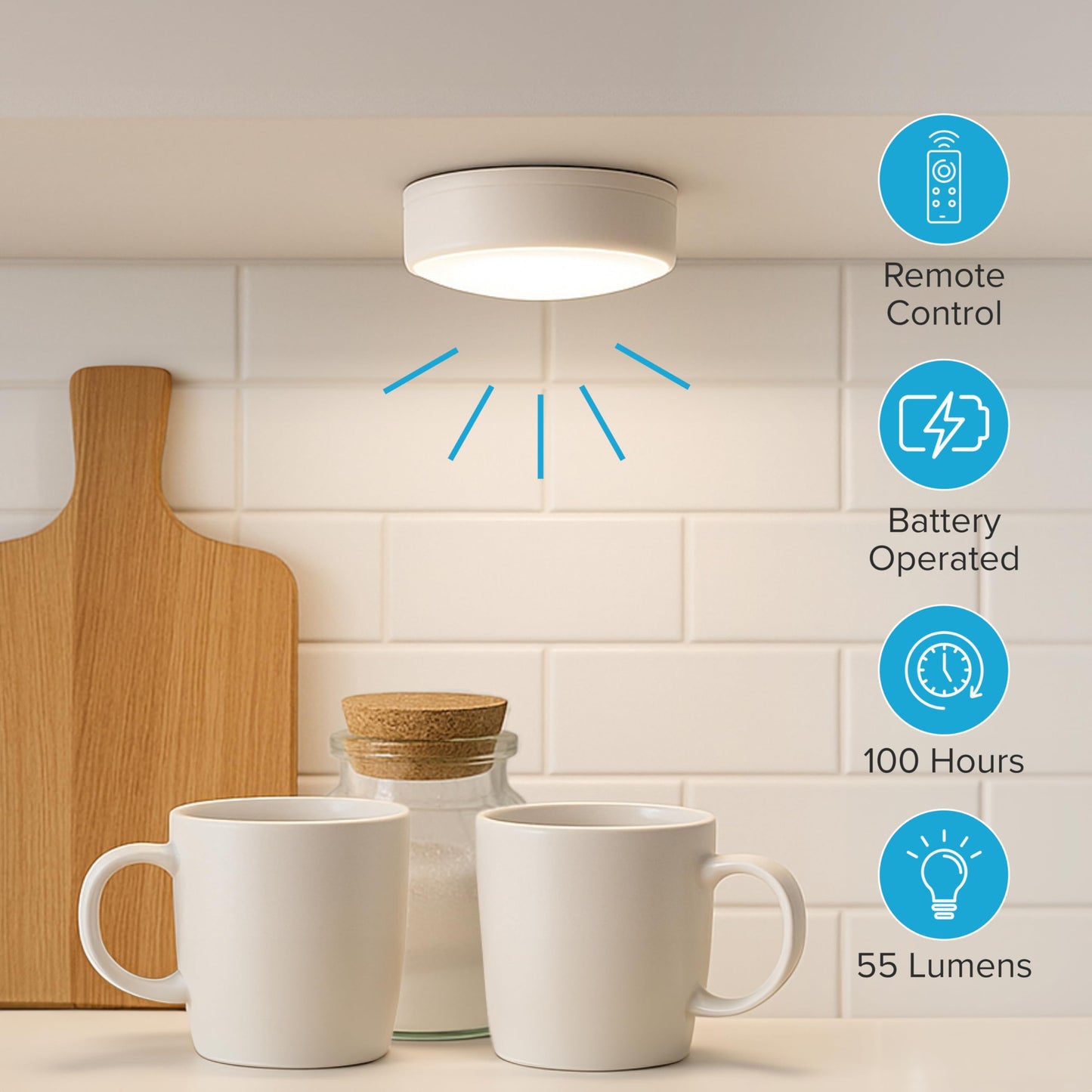 Brilliant Evolution Wireless LED Puck Lights 3-Pack with Remote – Battery-Powered Stick-On Lights for Cabinets, Closets & Counters