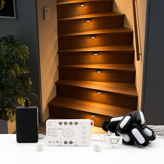 **RWOFNIA Motion-Triggered LED Stair Light Kit, Dimmable Warm White 3000K, Day/Night Sensor, Auto Off Delay, Indoor Stair Lighting for 14 Steps**