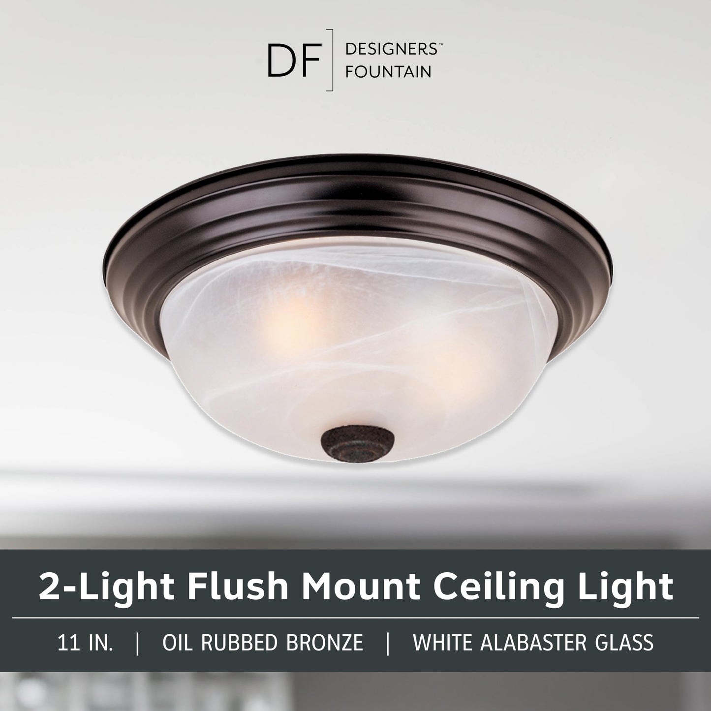 DESIGNERS FOUNTAIN Reedley 2-Light 11" Flush Mount Ceiling Light, White Alabaster Glass, Oil Rubbed Bronze for Kitchen, Bedroom, Hallway