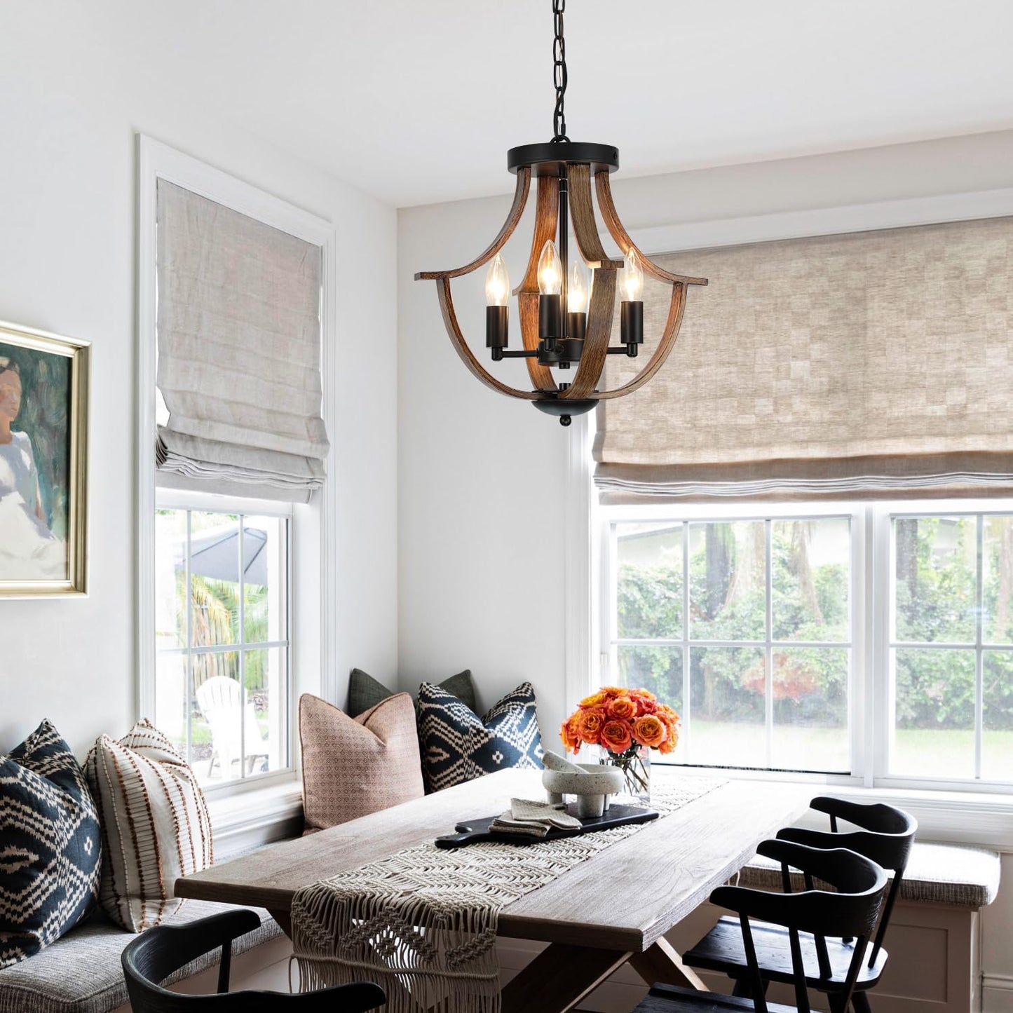 LAMPKEDUO Farmhouse Pendant Light, 4-Light Rustic Flush Mount Ceiling Fixture, Faux Wood Vintage Chandelier for Dining Room Kitchen